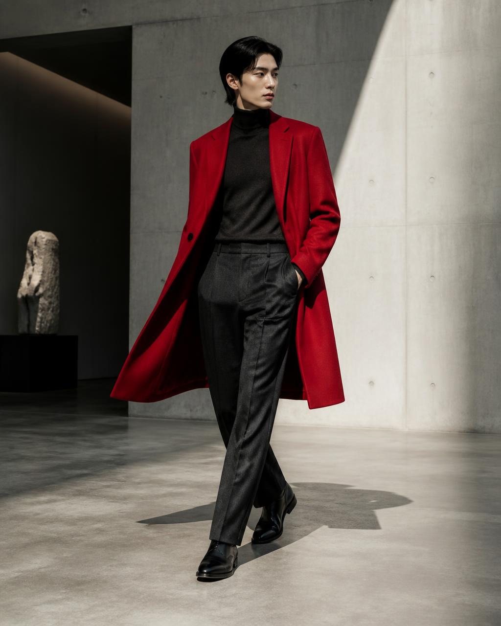 Editorial de moda com casaco vermelho criado com IA